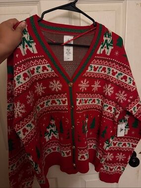 Women’s Red Holiday Button-Front V-Neck Cardigan Sweater